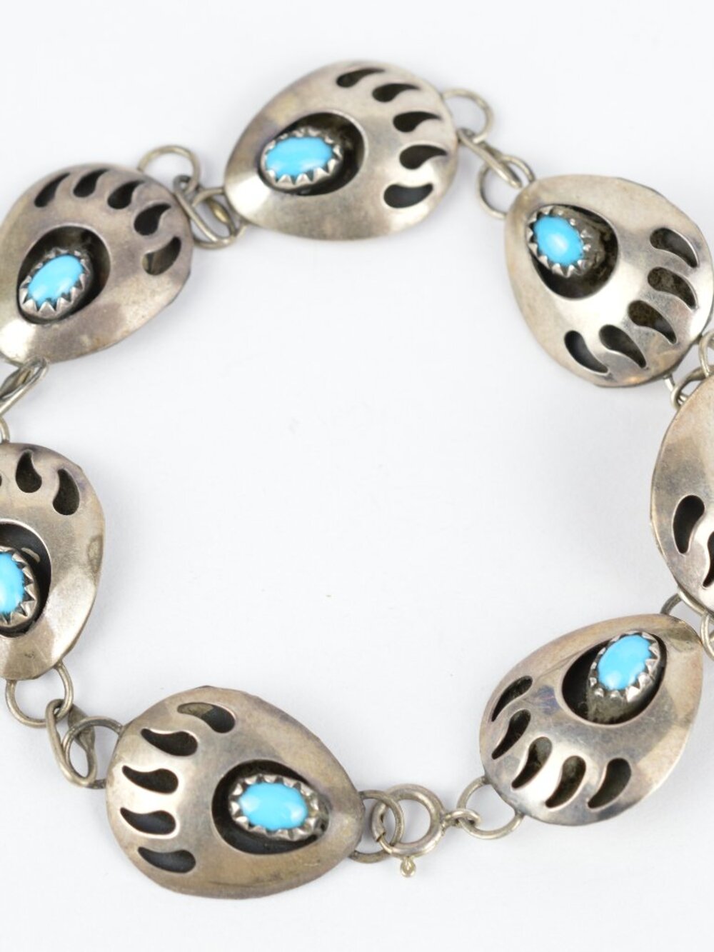 Vintage Navajo Sterling Silver Sleeping Beauty Turquoise Bear Paw Link Bracelet
